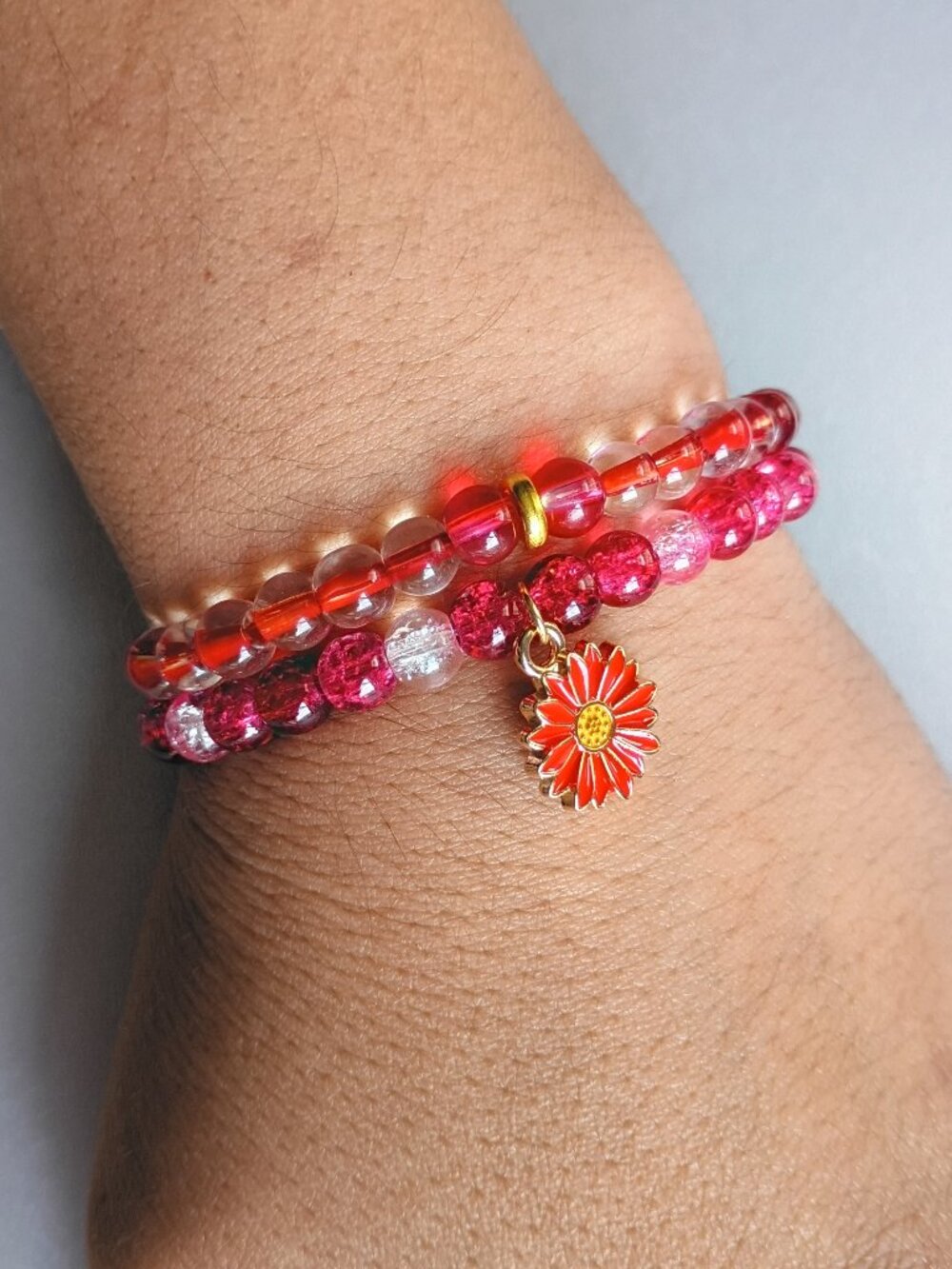Handmade Red & Clear Glass Beaded Bracelet Stack, Red Daisy Charm 6"